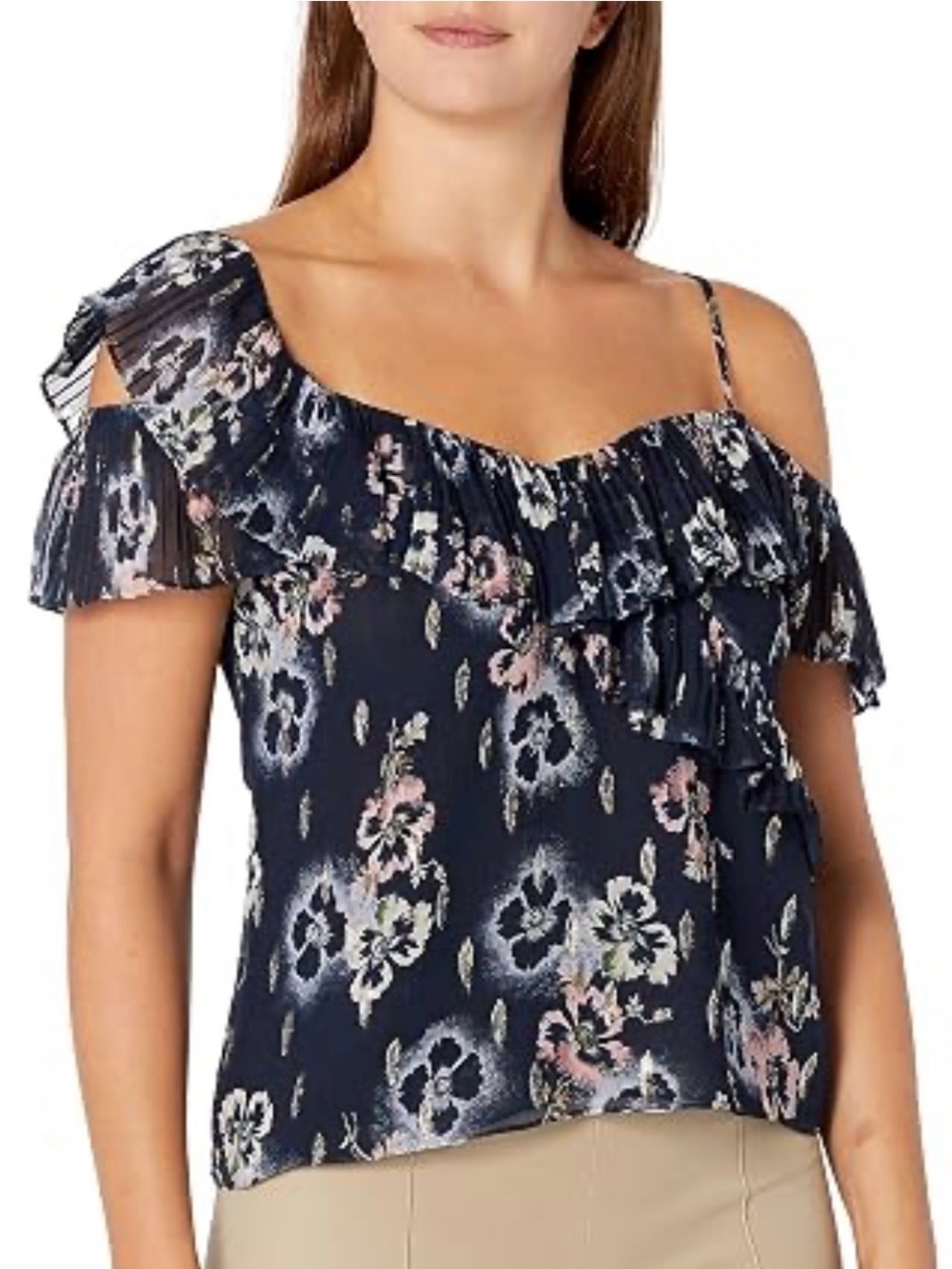 NWOT Rebecca Taylor Navy Floral Ruffle Asymmetrical Silk Top, Size 2